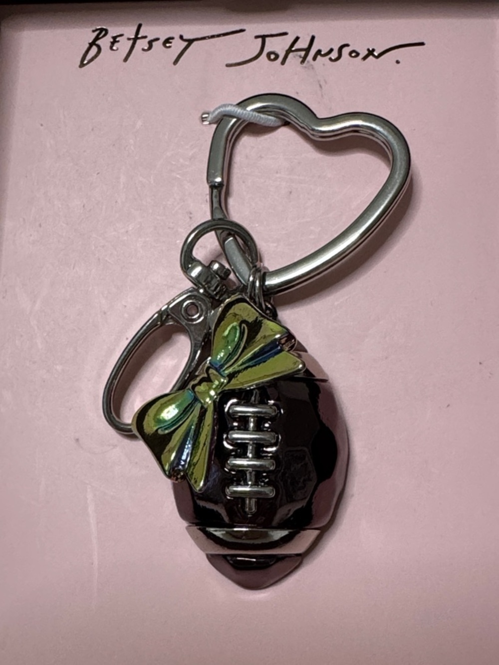 ππβ¨ Betsey Johnson Football Charm Keyring β Pink & Black with Green Bow - Picture 6 of 7